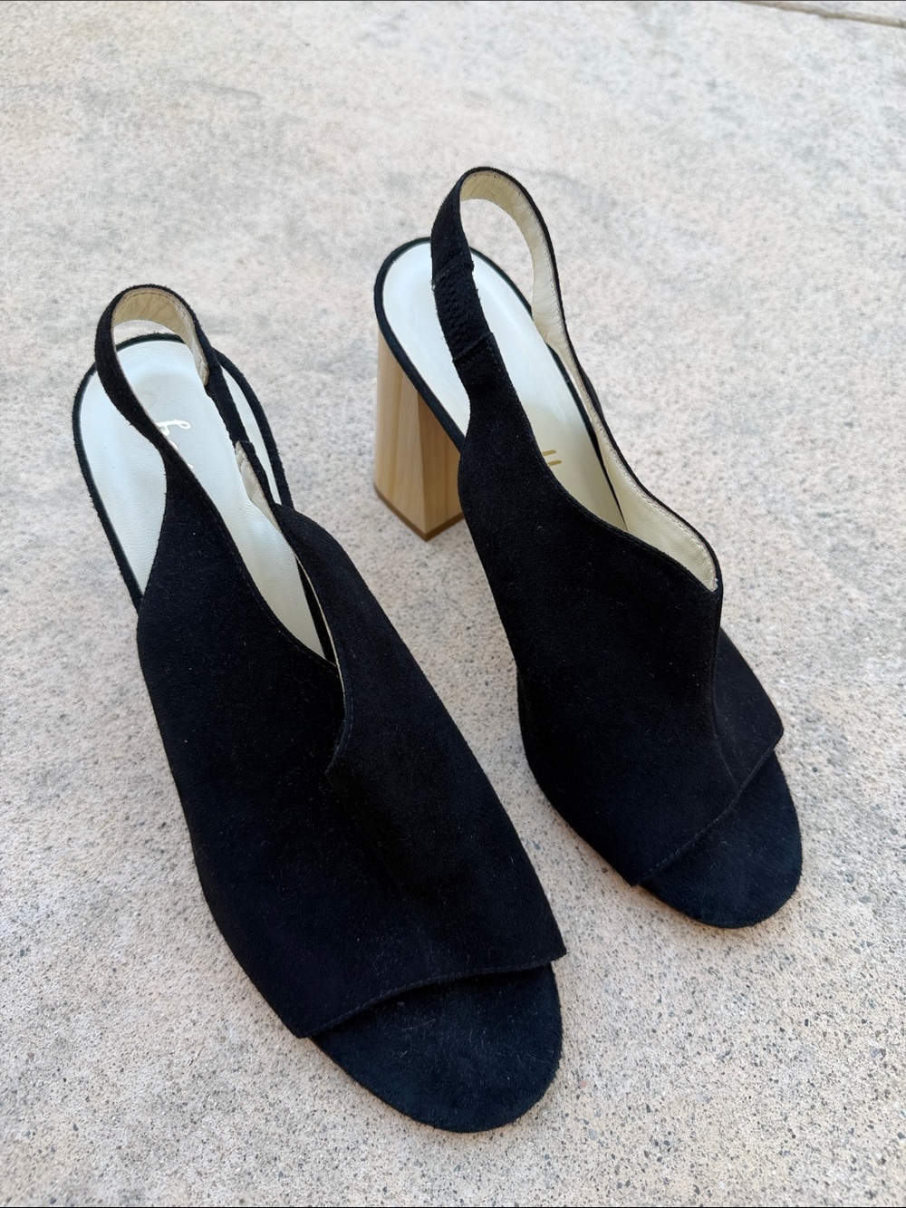 Bettye Muller Posh Black Suede Open Toe Wooden Block Heels Women's Size 39/8